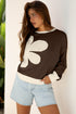 Raw Edge Flower Patch Drop Shoulder Contrast Rib Crewneck Long Sleeve Top